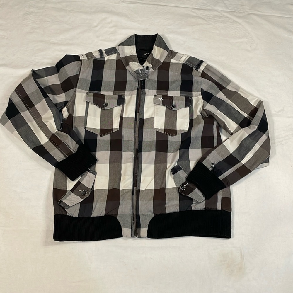 Hurley Women’s Black and Brown Plaid Bomber Coat Size L